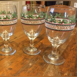 Set of 3 Libbey Holly Vintage Wine Glasses Water Goblets for Christmas